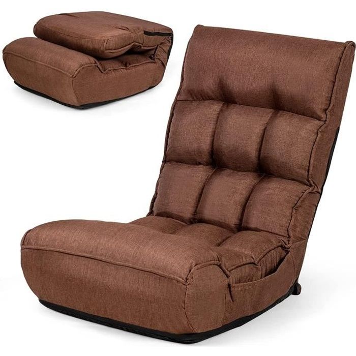 relax4life fauteuil paresseux bas réglable dossier 4 position charge 140kg, chauffeuse convertible lin appui-tête en 5