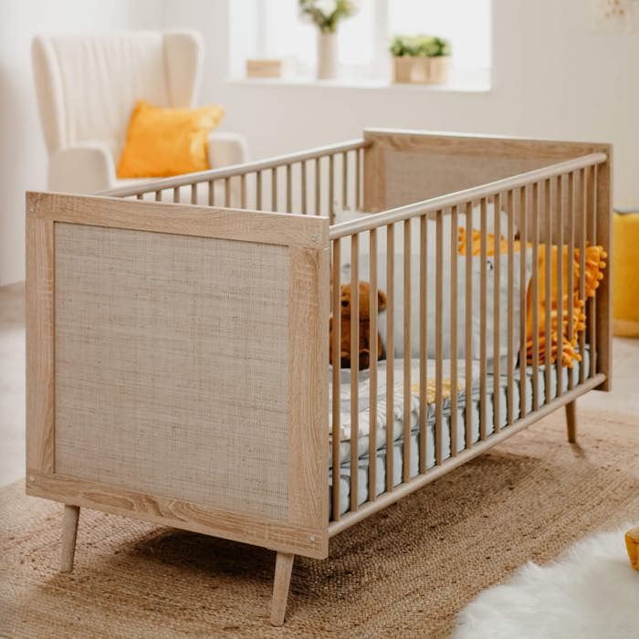 Lit bébé à barreaux en bois effet cannage 70x140 - LT7085 - Bois naturel - Terre de Nuit