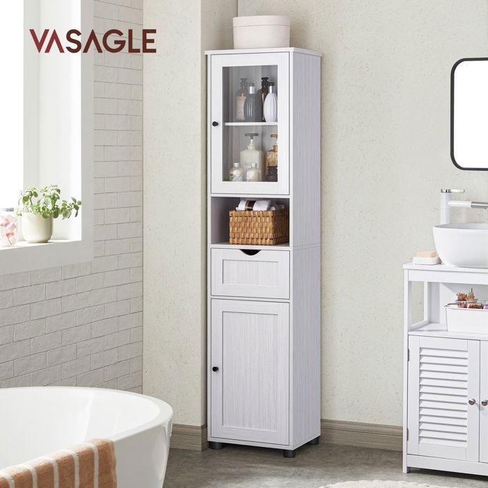 VASAGLE Meuble Salle de Bain Colonne Rangement avec Étagères Réglables Placards à Porte Tiroir Compartiment Blanc Érable