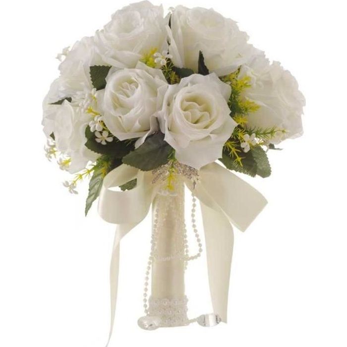 Bouquet De Mariage Pour Futures Mariée Rose Romantique Fleur Bride Floraison Blanc 22cm 3