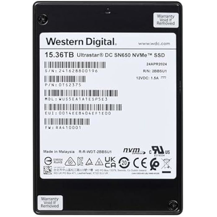 Western Digital Ultrastar WUS5EA1A1ESP5E3 15 4 To U.3 PCI Express 4.0 NVMe 3D TLC NAND Neuf - vue 3