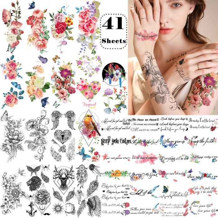 Yazhiji 41 Feuilles Fleurs Oiseau Tatouages Temporaires Imperméables et Body Art Tatouages Autocollant pour Hommes Femmes