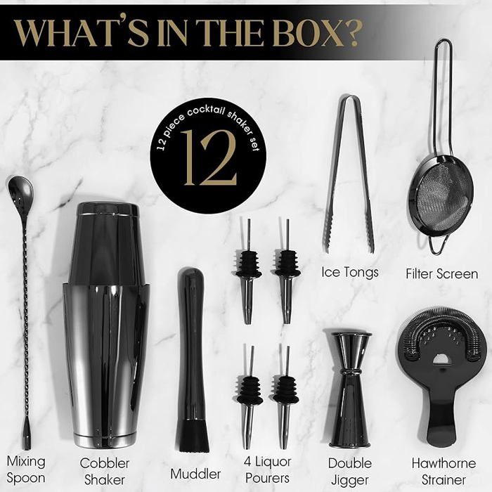 YXT&BEYOND Shaker Set 12 Pezzi In Acciaio Inox 304 – Kit Completo Per Cocktail Con Jigger, Muddler, Colino E Cucchiaio (Regalo Per Barman)