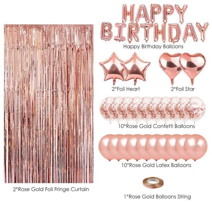 Kit Déco Anniversaire Rose Or – Ballons, Banderole, Nappe Et Rideau à Franges – Fête Fille Ou Femme – Tout-en-un