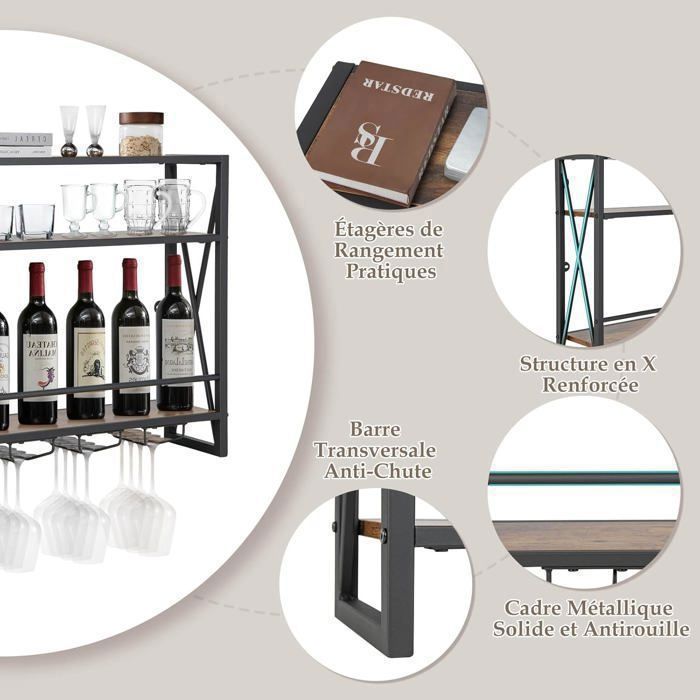 Casier à Vin Mural Industriel Avec Support Verres - 7 Bouteilles + 8 Verres - Bois Et Métal