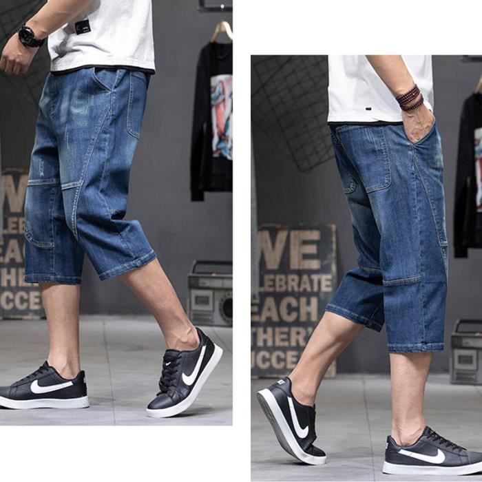 Pantacourt en Jeans Homme Ete Coupe Droite Stretch Pantalon Court Fashion Effet Abrasion et Delave Bleu