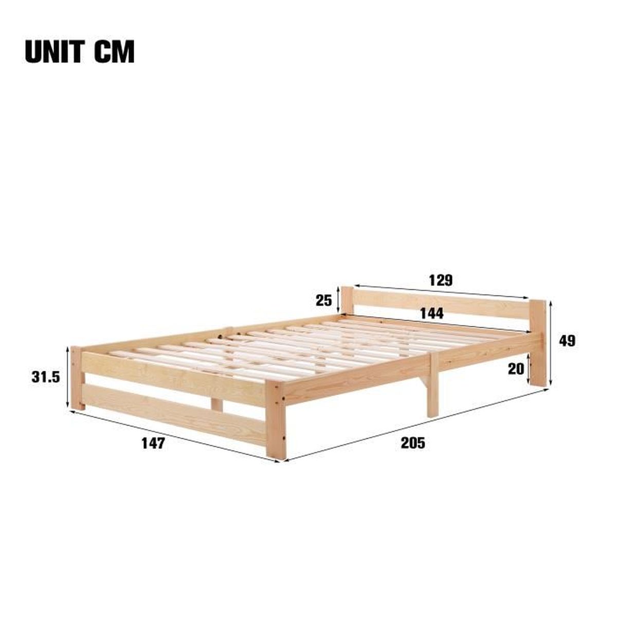 Lit double 2 places en bois massif pour adulte 200x140 cm, Lit avec tête et  sommier à lattes, Naturel - Cdiscount Maison