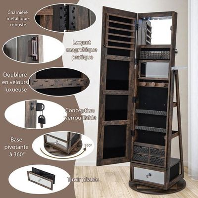 Armoire à Bijoux Avec Miroir - Meuble Rangement 6 étagères, 2 Tiroirs, 14 LEDs, Verrouillable, Réglable En Angle, Blanc