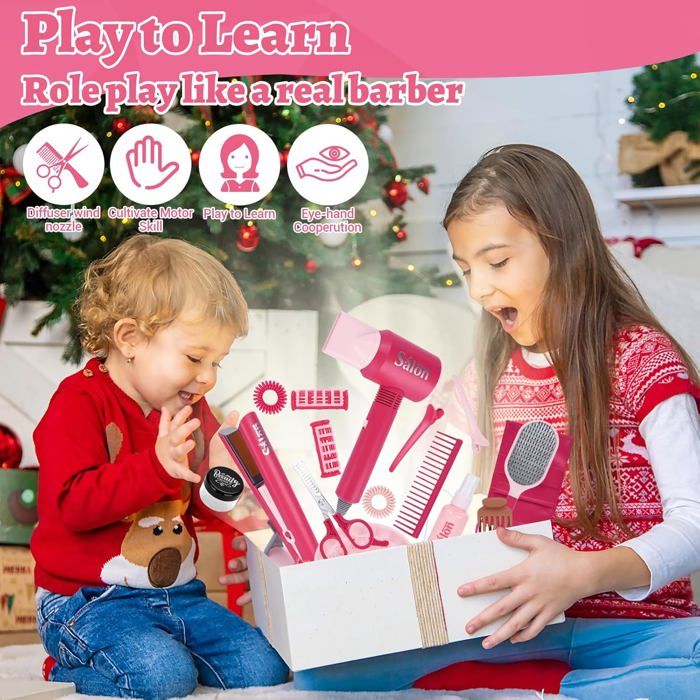 Coffret de coiffure pour enfants avec sons et lumières, sèche-cheveux et lisseur, 19 pièces