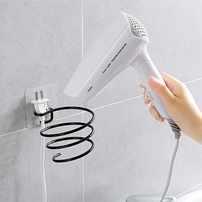 Support Sèche-Cheveux Mural Blanc - Fixation Adhésive Sans Percer, Bouche En U, Rangement Câble