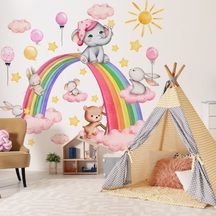Stickers Muraux Arc en Ciel Autocollant Mural Chambre Fille Animaux Arc ...