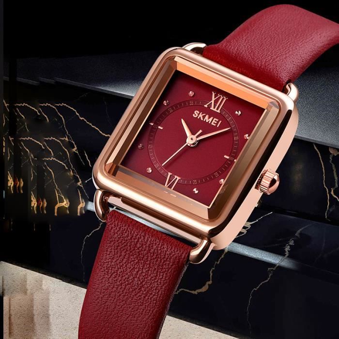 SHARPHY Montre femme cadran carré bracelet en cuir étanche rouge