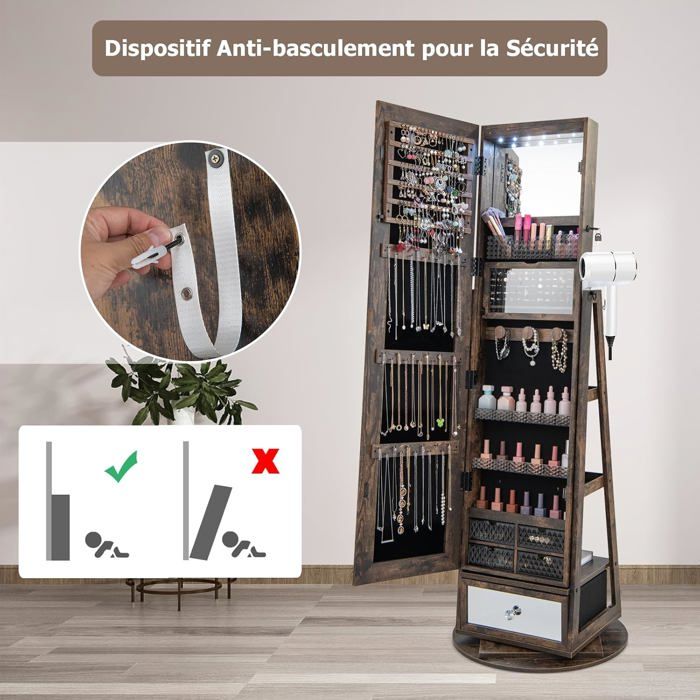 GOPLUS Armoire à Bijoux sur Pied Pivotante à 360°-Lumière LED-Support pour Sèche-Cheveux-Miroir Pleine Longueur Blanc - Maison GOPLUS Armoire à Bijoux sur Pied Pivotante à 360°-Lumière LED-Support pour Sèche-Cheveux-Miroir Pleine Longueur Blanc - Maison
