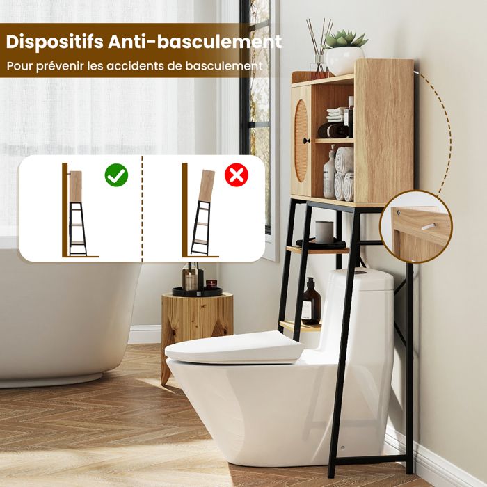 COSTWAY Meuble WC Au-Dessus Toilettes - Étagère Salle De Bain 2 Compartiments + Placard 18x88x100cm Blanc