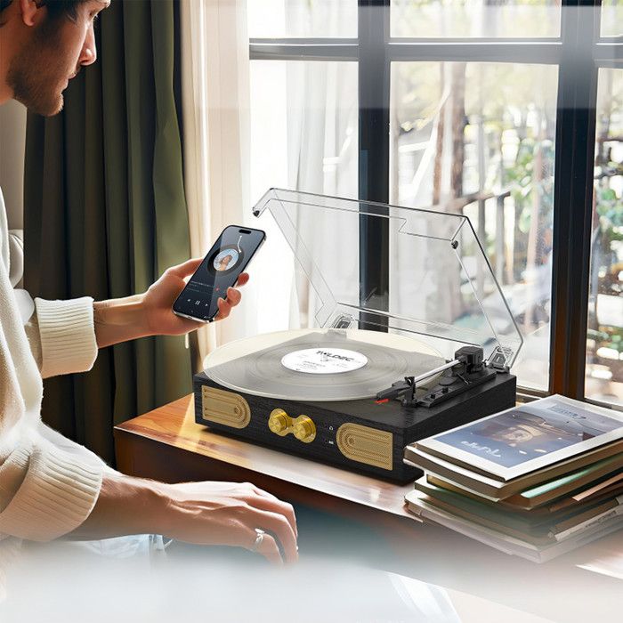 Platine Vinyle Bluetooth Avec Bras Carbone - Vitesses 33/45 Tr/min, Aiguille AT-3600L, Sortie RCA, Design Rétro