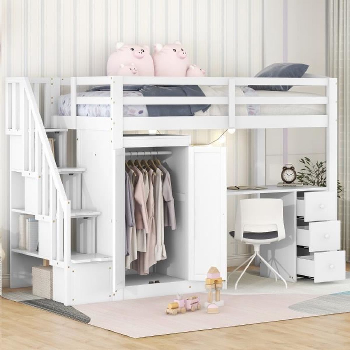 Lit Mezzanine Métal 140x200 Cm Avec Bureau, Armoire Et Étagère - Blanc, Capacité 150 Kg | Pour Chambre Économie D'Espace