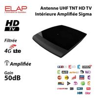 Antenne UHF TNT HD TV Intérieure Amplifiée Elap Sigma - Très Haut Gain 50 dB, Amplificateur intégré, Bande passante filtrée 4G