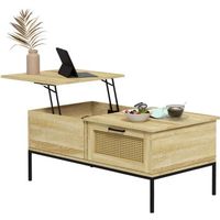Table basse relevable style bohème chic - 2 tiroirs, compartiment - aspect cannage rotin PVC panneaux aspect bois clair