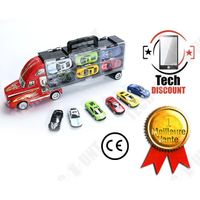 TECH DISCOUNT® - Jeu Jouet Camion Rouge 6 petites voitures intégrées multicolores pour enfant mallette transportable Cadeau garçon