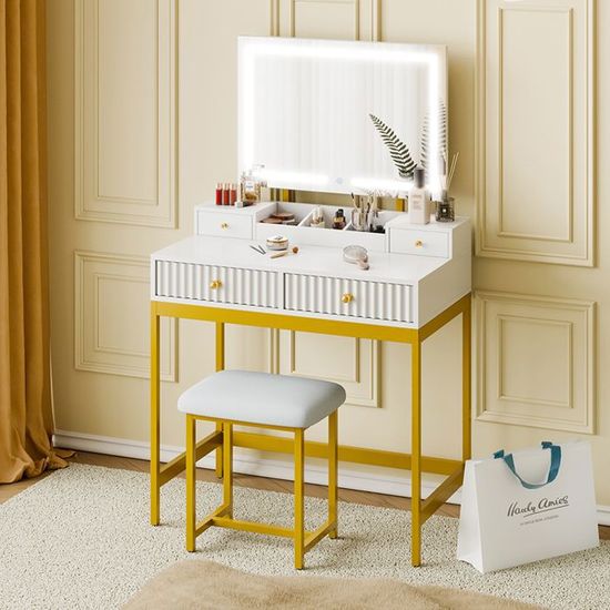 Coiffeuse Avec Miroir LED Réglable - 7 étagères + 1 Tiroir - Blanc - 67x36x138 Cm