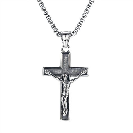 Collier Croix Homme 316l Acier Inoxydable Grand Pendentif Jésus-Christ Blanc/Or/Noir Bijoux Rolo Chaîne 23 » | FR