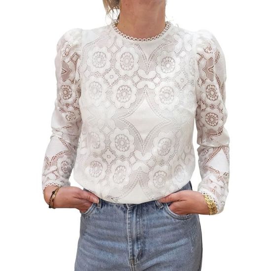 Blouse Femme Grise Chiné Avec Dentelle Bleue - Taille M - Marque Yessica - Occasion Très Bon état