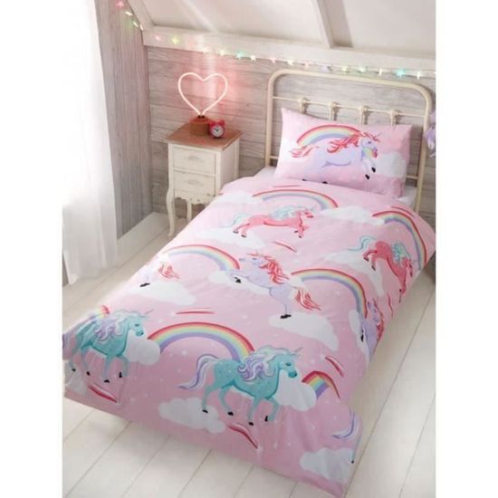Bloomsbury Mill - Parure de Lit Enfant - Motif Licorne Magique, Princesse Fée et Château Enchanté - Rose - Housse de Couette 200cm x 200cm 2 Taies D 'Oreiller Pour Lit Double | Votre wishlist sur