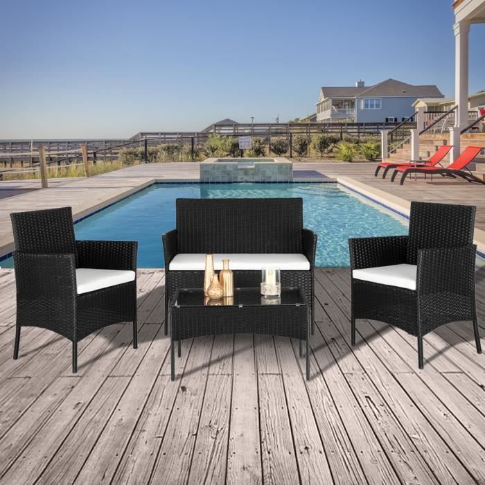 Ensemble Salon de Jardin 4 Places, 2 Fauteuils, 1 Canapé et 1 Table Basse en Verre