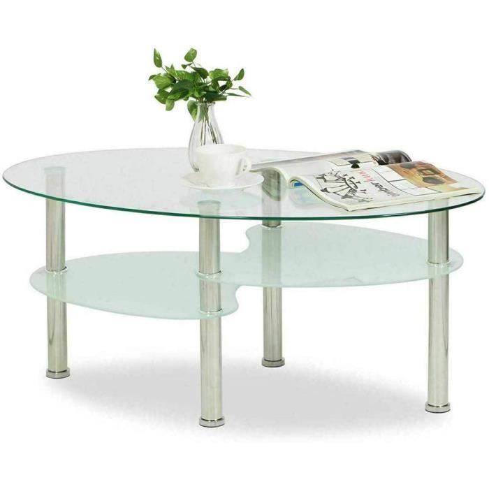 Table Basse de Salon en verre trempé et métal à 3 Niveaux, ovale,blanc, pour Le Salon, Bureau, Hôtel