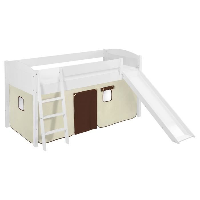 Lit surélevé ludique/évolutif IDA 4106 marron beige - avec rideaux et toboggan - LILOKIDS - blanc laqué