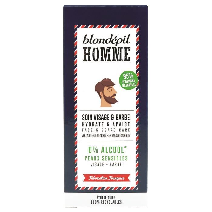 BLONDEPIL HOMME Soin Apaisant pour visage et barbe - 95% Naturel - Peaux sensibles - 75 ml