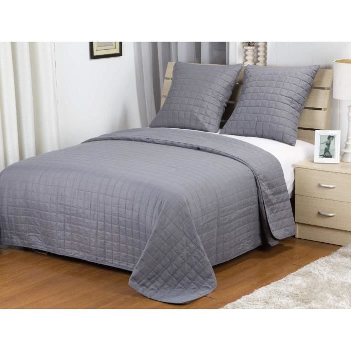 Couvre-lit boutis uni Gis fonce pour un lit de deux personnes en 220x240 cm + les deux taies d'oreiller 60x60 cm 100% polyester