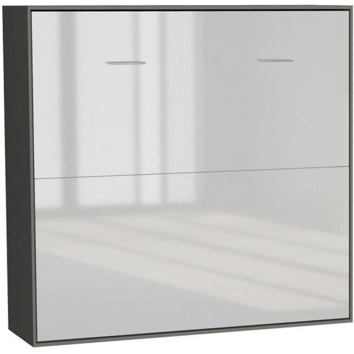 Armoire lit horizontale escamotable STRADA-V2 structure gris graphite mat façade blanc brillant couchage 160*200 cm. bi color bois