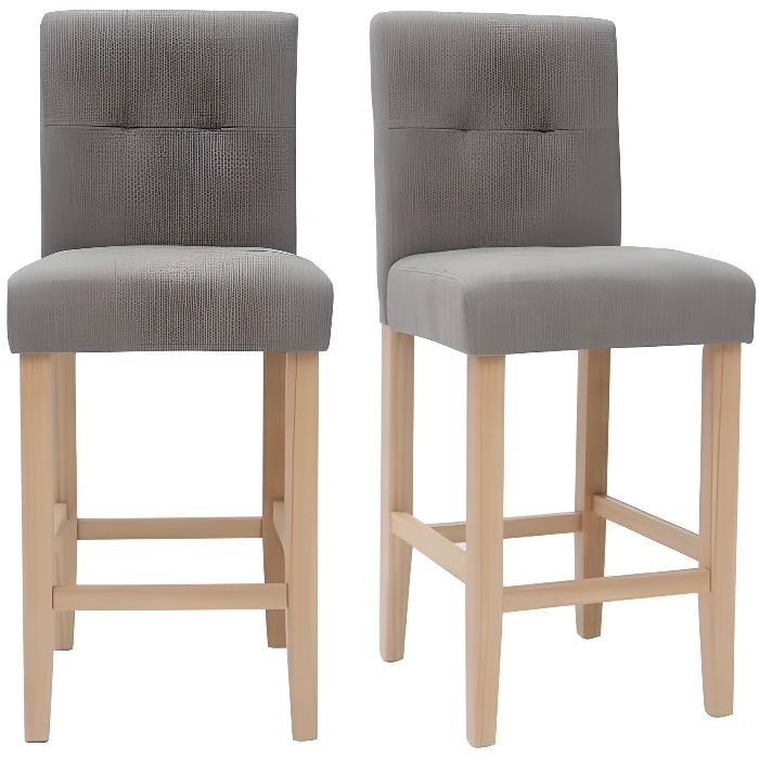 Miliboo - Tabouret de bar design capitonné gris clair et bois 65 cm (lot de 2) ESTER