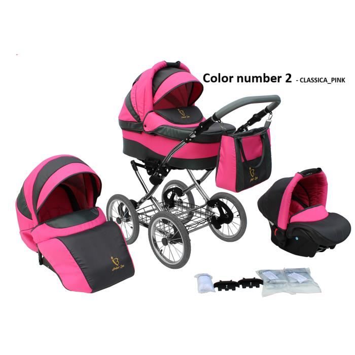 Poussette/Landau avec siège-auto 3en1 et avec accessoires & cadre en chrome et roues 14- gonflables bébé enfant Classica - Rose.