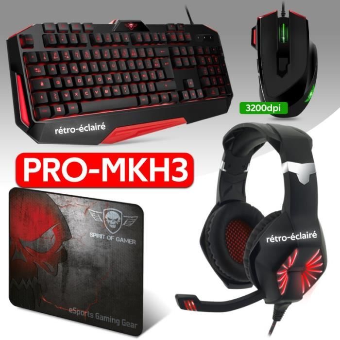 Pack 4 en 1 Spirit of gamer PRO-MKH3 - Casque, clavier et souris à Led + Tapis confort