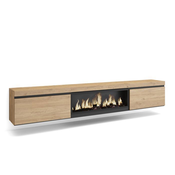 Meuble TV Banc Télé 267x35x45 cm TV grand format Cheminée électrique XXL Suspendu Mural Chêne RF3608