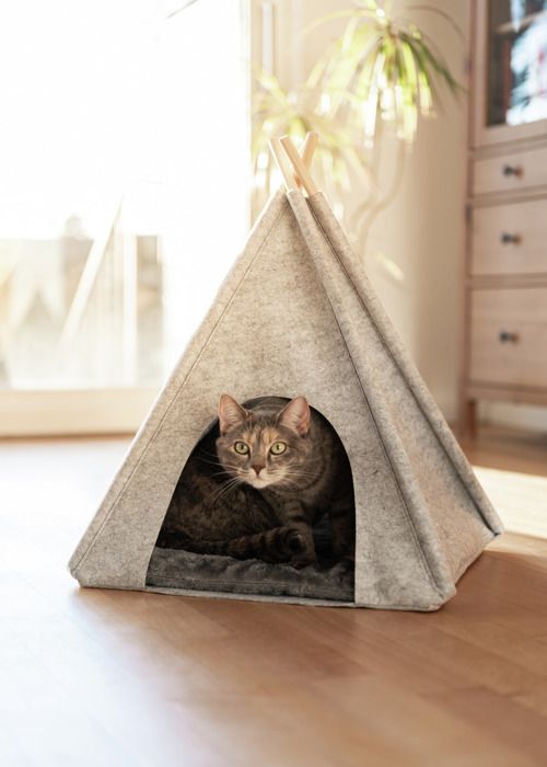 Comparer les prix de WENKO Tente Tipi pour animaux Chats et petits Chiens - Coussin amovible et lavable à 30°C - 4 Tiges en Bois - Feutre Gris