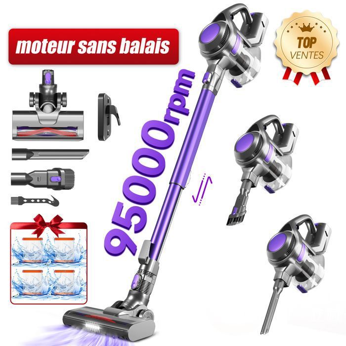 Aspirateur balai sans fil 95000RPM / 65000PaMoteur sans balaisBatterie de 10x2200mAhCapacité de 1.8LAutonomie de 55 min