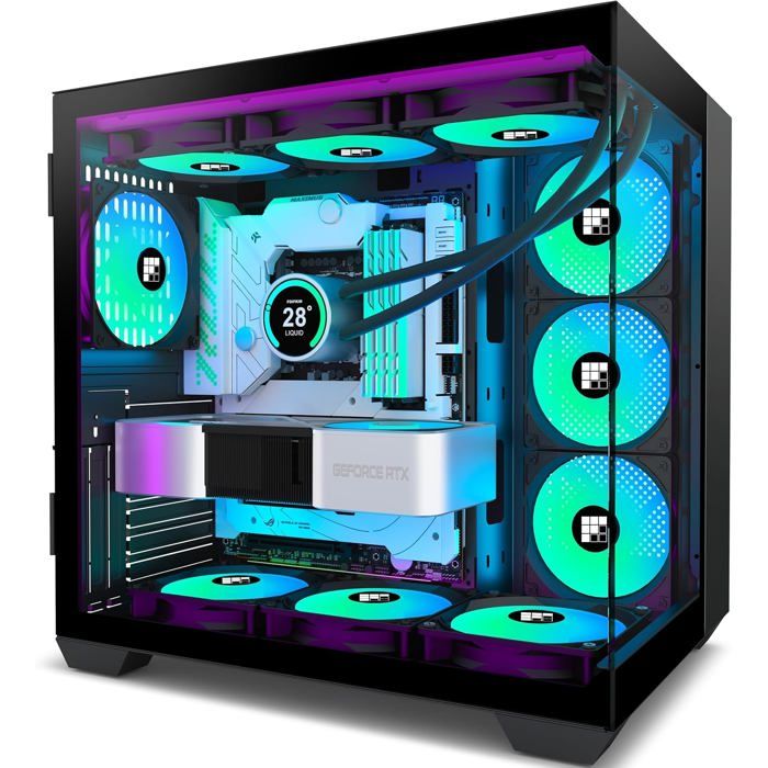Boitier PC Gaming ATX avec 6 Ventilateurs ARGB PWM Verre Panoramique 270° et USB Type-C F600 Noir