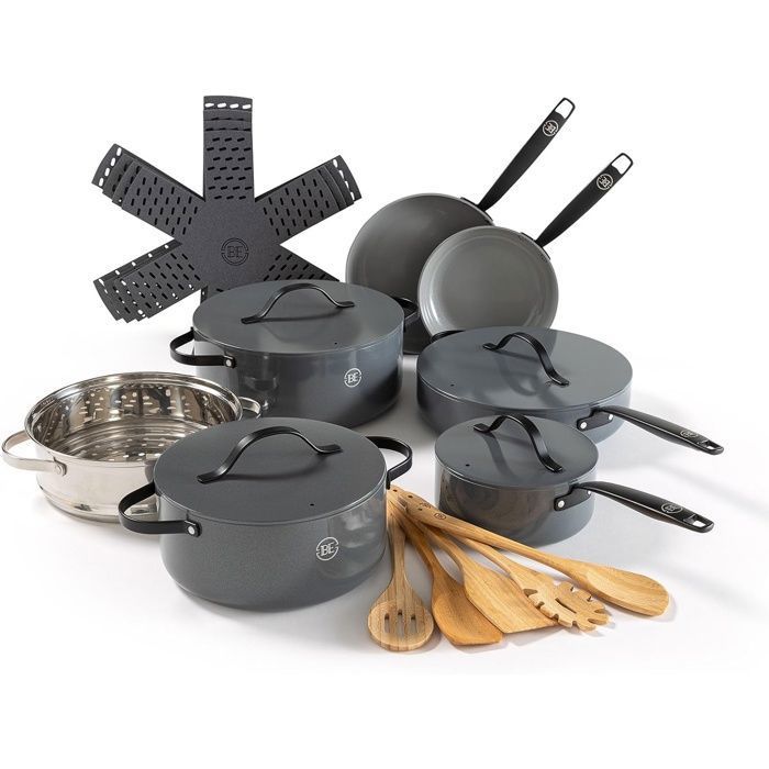 BE Living Batterie de Cuisine 6 pcs Poêles Sauteuse Faitout Casserole & Cuiseur Vapeur + Ustensiles & Protège-Poêles Gris