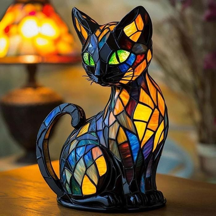 Lampe de table LED en résine colorée en forme de chat – Veilleuse décorative vintage veilleuse créative pour la mult LAMPE A POSER