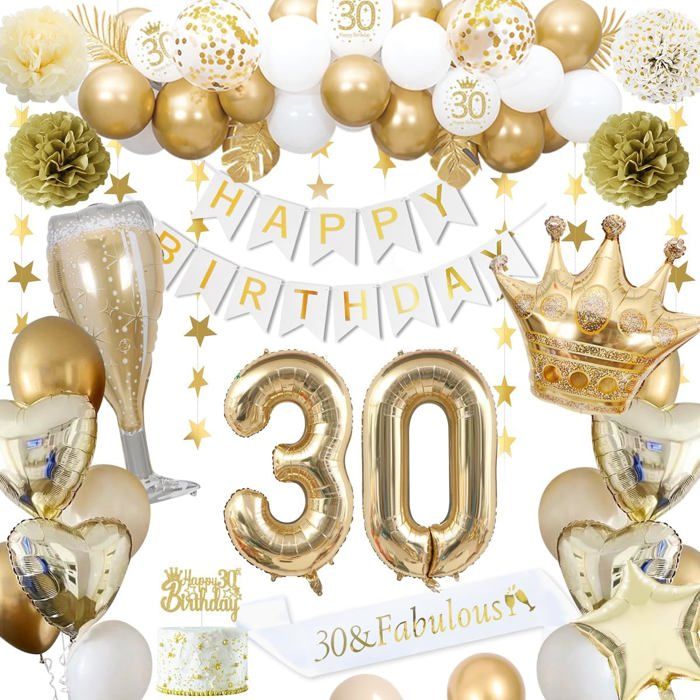 Décorations Anniversaire 30 Ans Décorations Anniversaire Or 30 Ans Pour Homme Femme Ballons Blancs Or Bannière Happy Birth[BAL943]
