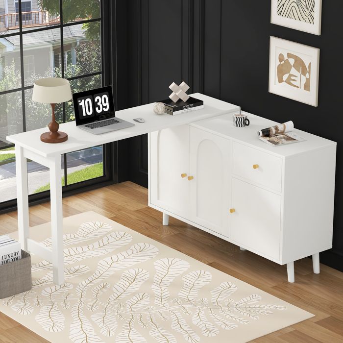 Bureau 2 en 1 - MODERNLUXE - 120x40x74.5cm - Pivotant 360° - 3 portes 1 tiroir - Certifié FSC - Blanc Bureau 2 en 1 - MODERNLUXE - 120x40x74.5cm - Pivotant 360° - 3 portes 1 tiroir - Certifié FSC - Blanc