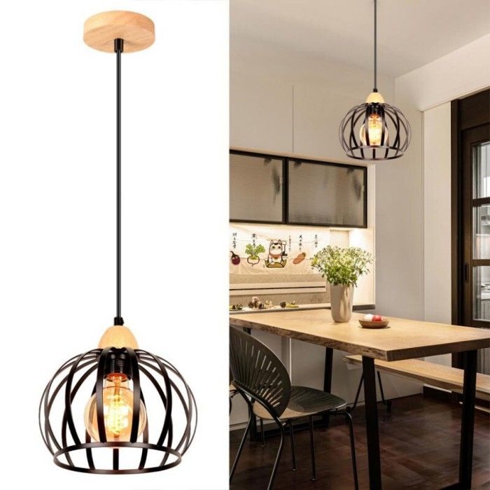 Suspension Luminaire - SMOTOP - Noir - Métal et Bois - Cage vintage E27