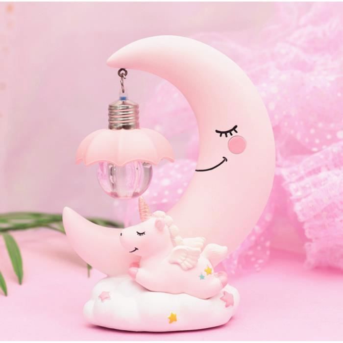 Veilleuse Licorne LED Résine pour Enfant et Bébé Chambre Lampes de Table en forme Lune Décoration Rose Multicolore VEILLEUSE