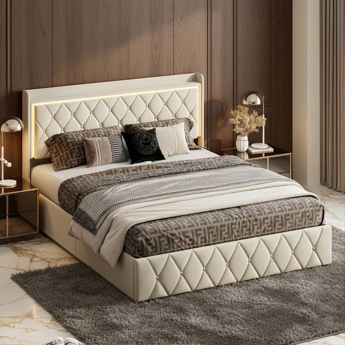 Lit coffre 140x200cm - Lit capitonné avec LED et USB/C - Capitonnage de Luxe - Velours Beige