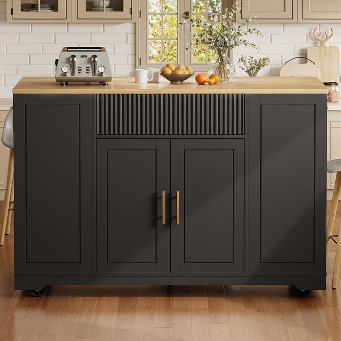 Buffet Noir îlot de cuisine mobile avec roulettes compartiment poubelle étagères réglables 2 portes 3 tiroirs