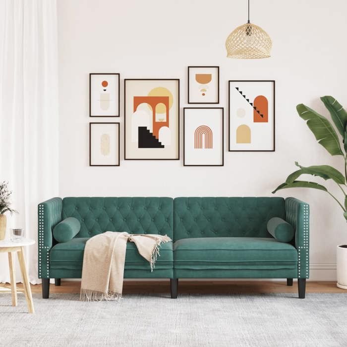 SWEETY@ Canapé Chesterfield - Sofa triple - 3 places - avec traversins - vert foncé velours LL843