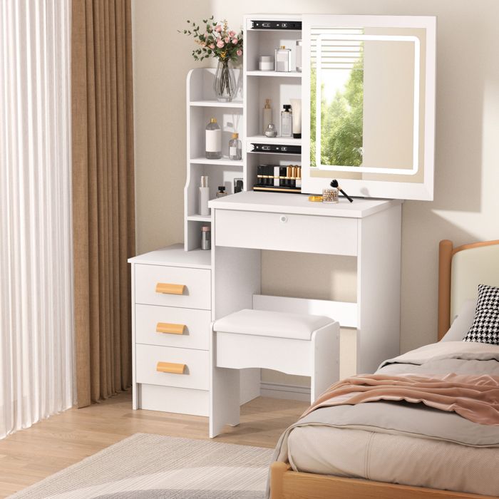 YITAHOME Coiffeuse Avec Miroir LED Coulissant - Table Maquillage Brun Rustique Avec Tiroirs Et Chargeur Coiffeuse Tiroirs étagères